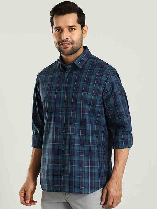 Indian Terrain Men's Regular Fit Full Sleeve Checkered Blue Shirt